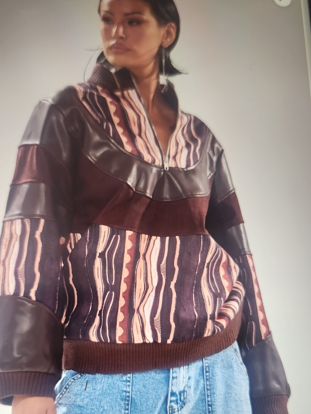 AKIRA Crazy In Love Sweatshirt Brown Stripe Faux Leather Pullover NWOT Sz.S